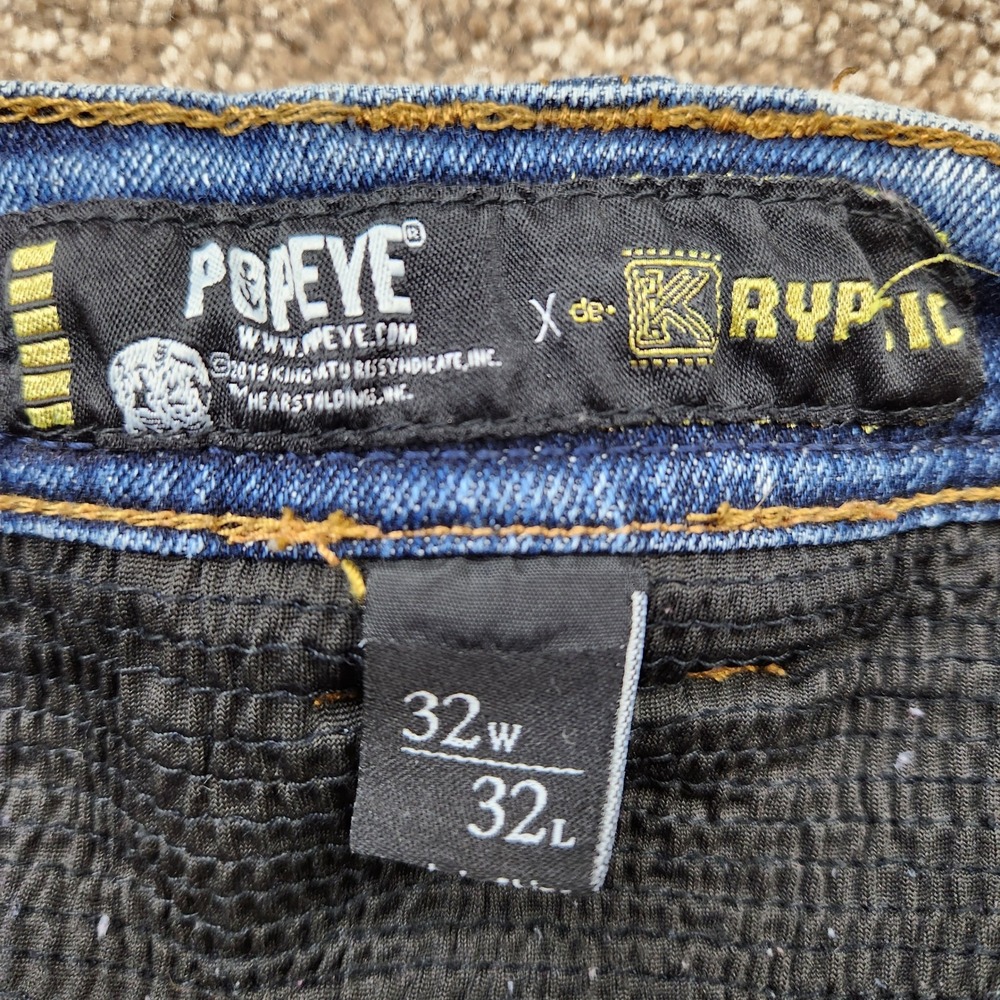 Kryptic x Popeye Mens 32x32 Moto Distressed Samurai Embroidered Jeans Blue Acid - Picture 4 of 9